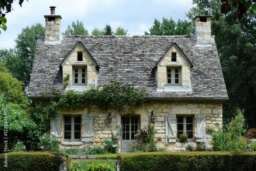 Nestled in a serene rural setting, this captivating stone cottage is encircled by vibrant green foliage and boasts a picturesque garden that flourishes in daylight Nestled in a serene rural setting, this captivating stone cottage is encircled by vibrant green foliage and boasts a picturesque garden that flourishes in daylight