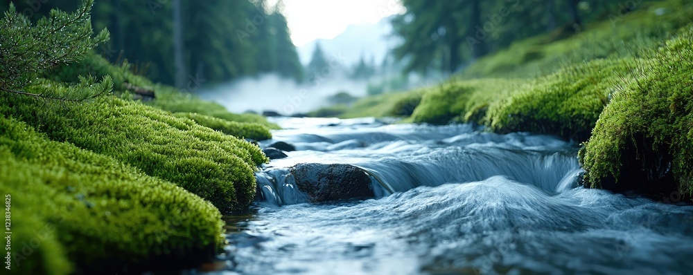 Misty mountain nature idea. A serene river flows through lush greenery, inviting peace and tranquility. Misty mountain nature idea. A serene river flows through lush greenery, inviting peace and tranquility.