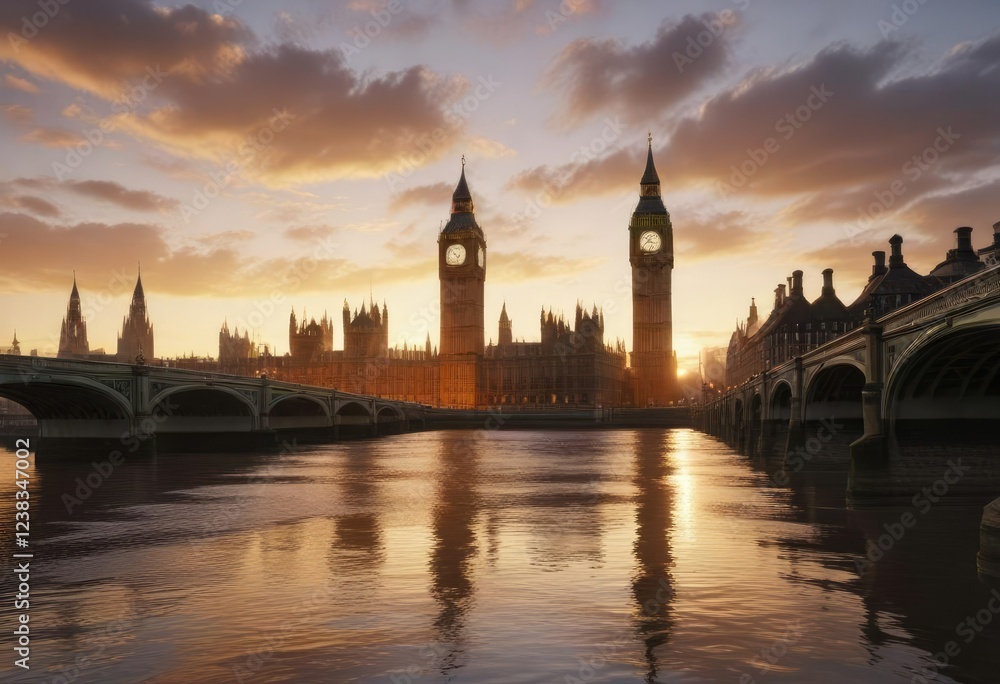 Sunrise view of Westminster bridge with Big Ben and Parliament silhouetted against the sky, silhouette, London Sunrise view of Westminster bridge with Big Ben and Parliament silhouetted against the sky, silhouette, London