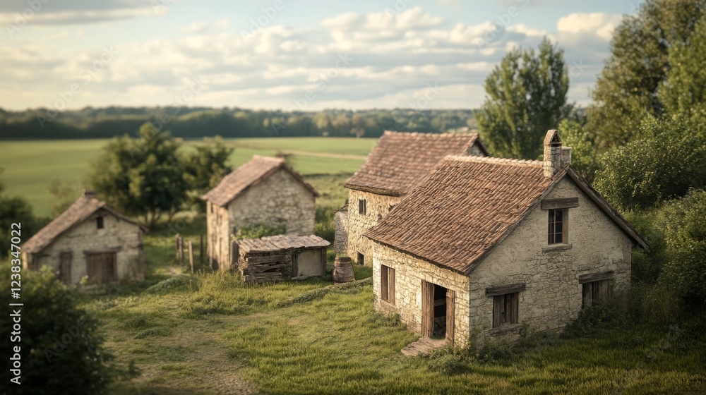 Rural stone houses, sunset, farmland background, idyllic scene Rural stone houses, sunset, farmland background, idyllic scene