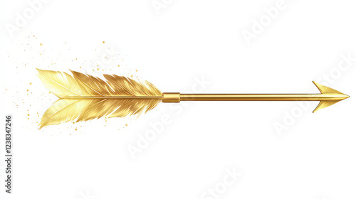 cupid's glossy gold arrow with feather isolated on white background.