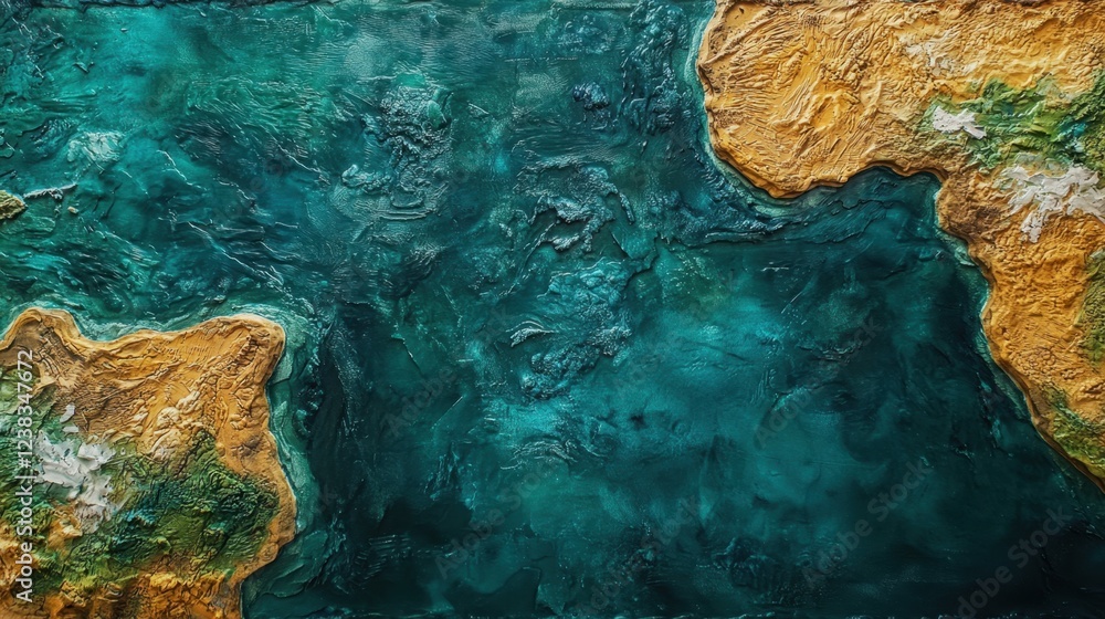Top view, textured image of geographical map with detailed continents and ocean between them. Top view, textured image of geographical map with detailed continents and ocean between them.