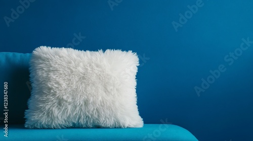 Cozy White Fur Pillow on Teal Sofa against a Vibrant Blue Wall