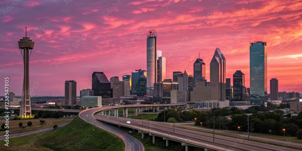 Fototapeta premium Sunset over Dallas skyline with pink sky and highways at night, , sunset, texas, highway intersection