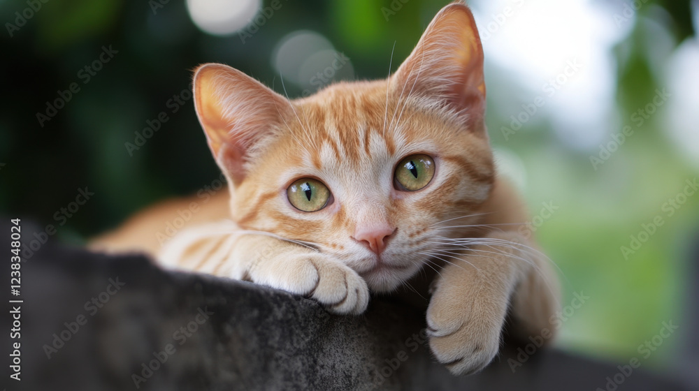 Fototapeta premium relaxed orange cat with green eyes resting on ledge, surrounded by greenery