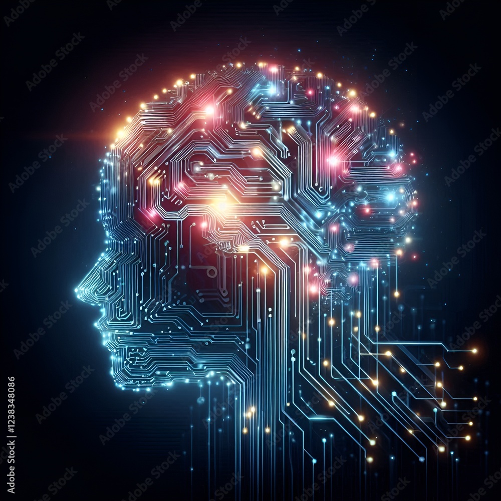 Futuristic profile of a human head made of circuit patterns and glowing lights, representing AI and digital intelligence Futuristic profile of a human head made of circuit patterns and glowing lights, representing AI and digital intelligence