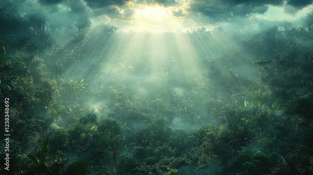 Fototapeta premium Sunbeams Illuminate Lush Tropical Rainforest Canopy