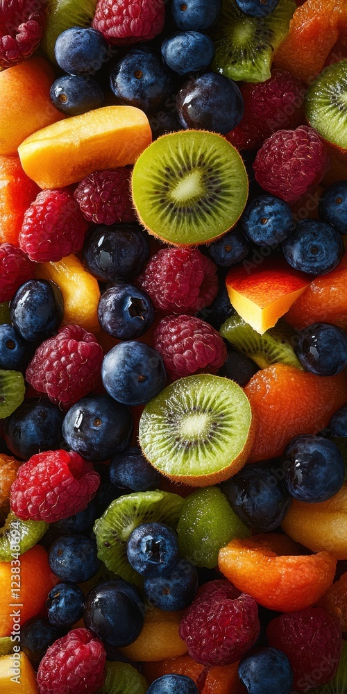 Obraz premium A vibrant mix of fresh, colorful fruits including kiwi, raspberries, blueberries, and melons, perfect for healthy recipes.