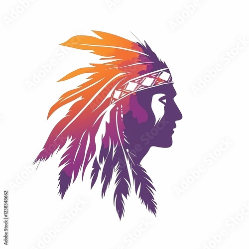 Indian chief, portrait in profile with feathers on a white background in a cartoon. photo