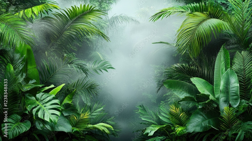Naklejka premium Lush Tropical Rainforest Scene With Mist And Rain