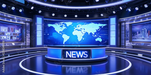 Modern, sleek news studio set with a large world map screen and blue lighting. Ideal for news broadcasts and media productions.