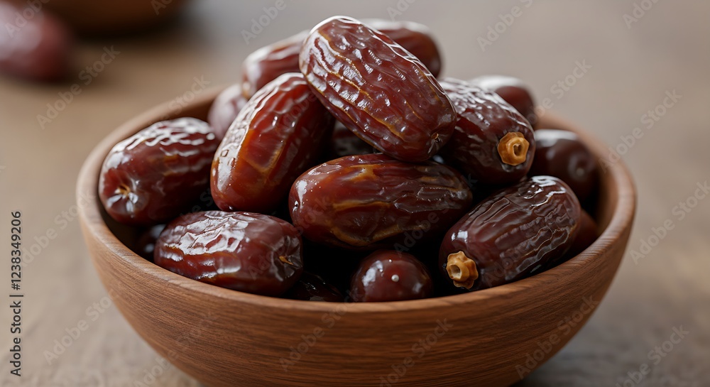 A close-up of fresh, glossy dates piled in a wooden bowl. A close-up of fresh, glossy dates piled in a wooden bowl.
