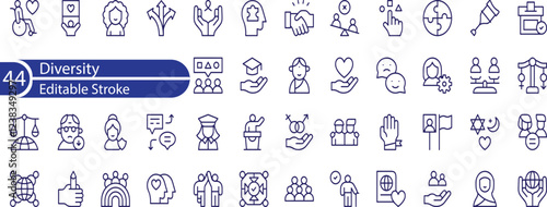 Diversity Line Editable Icons set. Vector illustration in thin line modern style of society related icons .oneness, people, equality, and more.