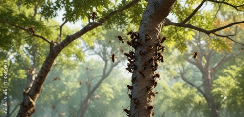 Swarm of Asian Giant Hornets around a tree branch, Asian Giant Hornets Swarming, Vespula mandarinia, Insect Swarm photo