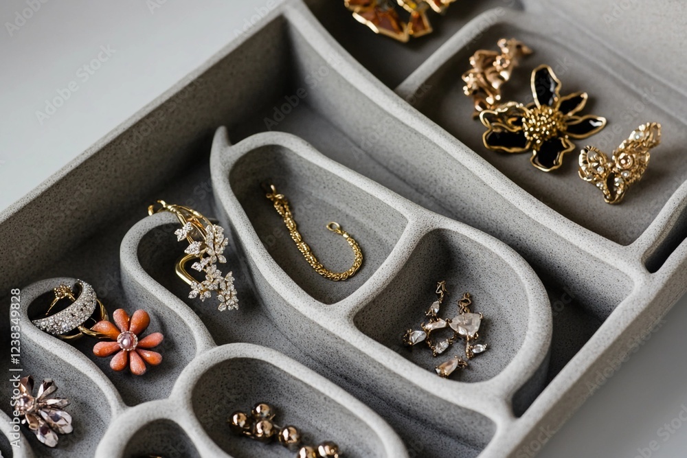 Jewelry collection displays unique designs made from improvised materials in a divided organizer