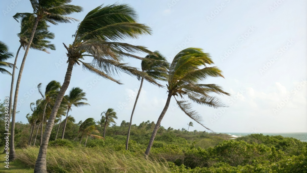 Swaying palm fronds in gentle tropical breeze, foliage, tropical breeze Swaying palm fronds in gentle tropical breeze, foliage, tropical breeze
