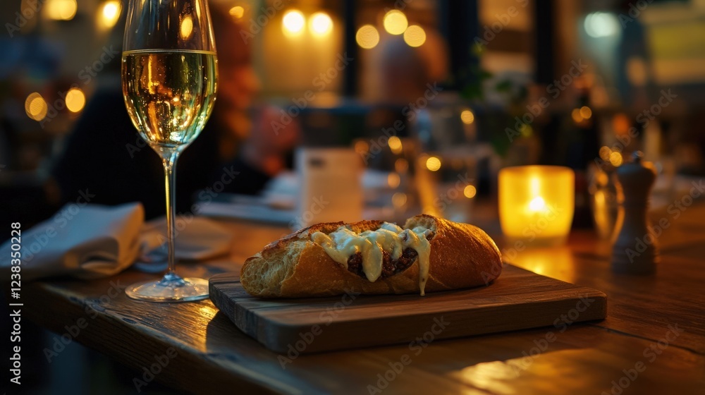 Delicious hot dog served with white wine in a cozy restaurant setting with warm lights Delicious hot dog served with white wine in a cozy restaurant setting with warm lights