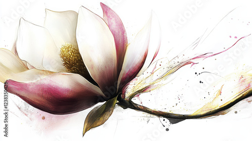 Delicate Pink and White Magnolia Flower in Artistic Representation With Swirling Colors on a White Background