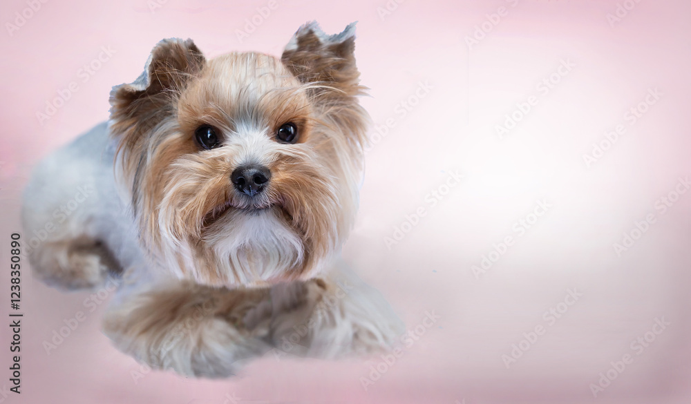 Small dog (Yorkshire terrier) looking straight at camera with cute expression. Pink background. Copy space. Empty space for message. Small dog (Yorkshire terrier) looking straight at camera with cute expression. Pink background. Copy space. Empty space for message.