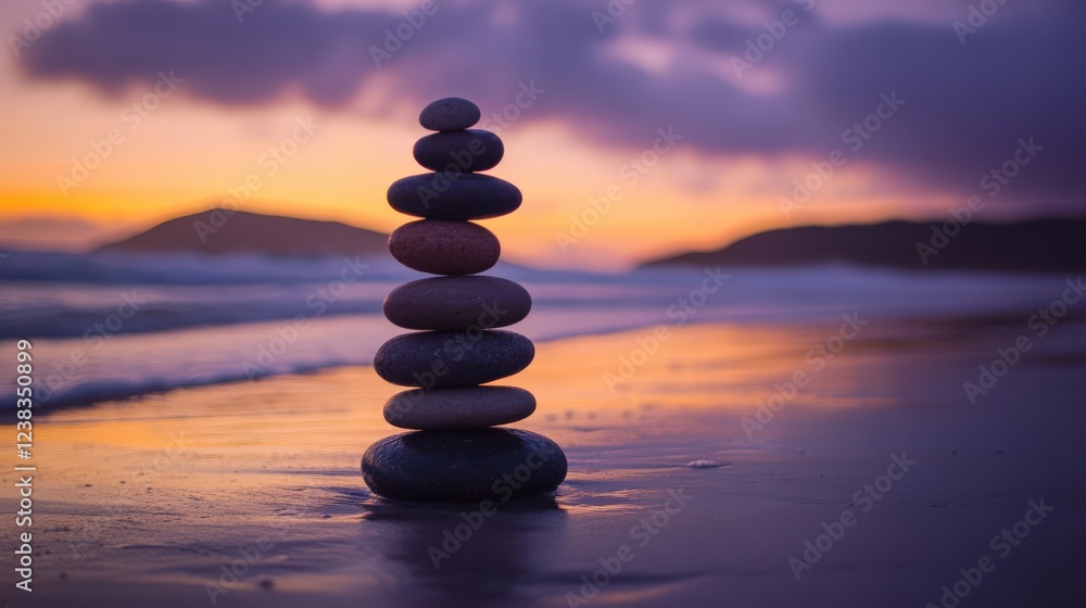 Balanced Stones Tower on Beach at Sunset Balanced Stones Tower on Beach at Sunset