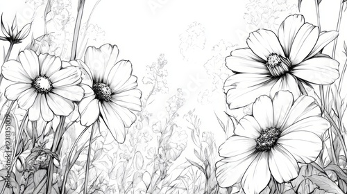 Wallpaper Mural Elegant Black And White Floral Illustration, Showcasing Detailed Cosmos Flowers And Foliage. Torontodigital.ca