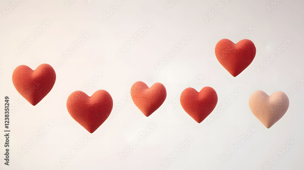 Six Fabric Hearts in a Gradient From Dark Red to Light Beige on a White Background, Conveying Themes of Love and Unity Six Fabric Hearts in a Gradient From Dark Red to Light Beige on a White Background, Conveying Themes of Love and Unity