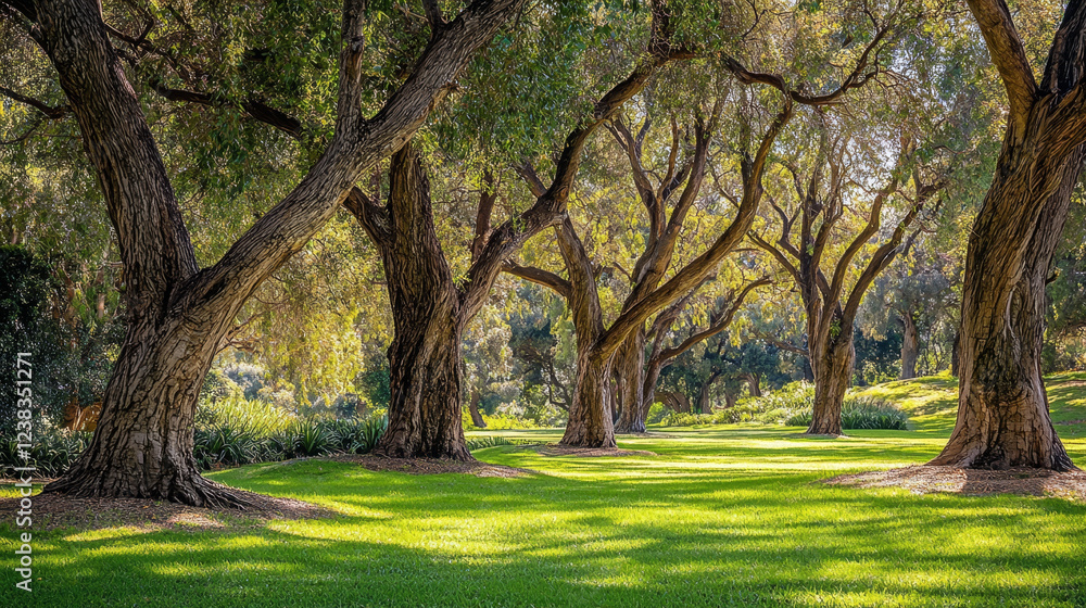 Fototapeta premium Sun-dappled grove with majestic, ancient trees and vibrant green grass.