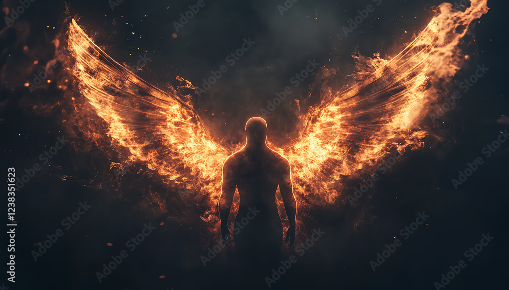 A digital art illustration of an angel with large, spread wings made from fire and smoke against a dark background. The angel is facing forward and has four flames on each wing. It is depicted A digital art illustration of an angel with large, spread wings made from fire and smoke against a dark background. The angel is facing forward and has four flames on each wing. It is depicted