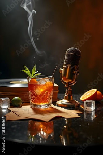 Moody Jazz Club Cocktail with Vintage Microphone and Smoky Ambiance