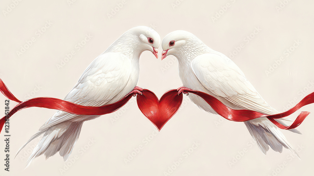 Fototapeta premium Two white doves with their beaks touching, holding a red heart shape love silk ribbon