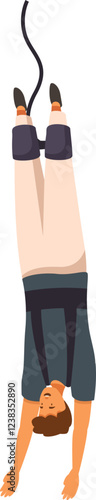 Young man falling upside down during bungee jumping from high point, extreme sport and leisure activity vector illustration