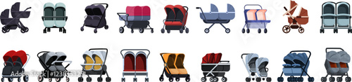 Double pram icons set. Double strollers in various colors and configurations, showcasing options for parents of twins