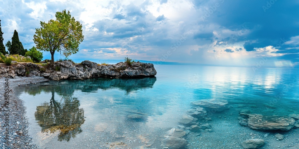 Obraz premium A serene lakeside view featuring calm waters, a rocky shoreline, and a solitary tree under a cloudy sky.