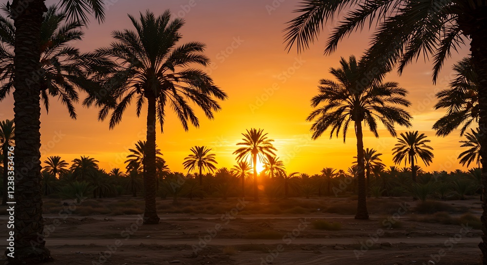 Obraz premium A golden-hued sunset behind a lush date palm plantation.