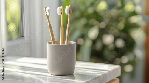 A close-up of a modern toothbrush holder made of matte ceramic, holding sleek bamboo toothbrushes, placed on a marble bathroom counter with natural lighting