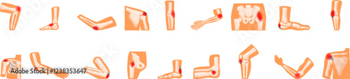 Bursitis icons set. Set of icons representing joint pain in different areas of the body, highlighting discomfort and potential inflammation