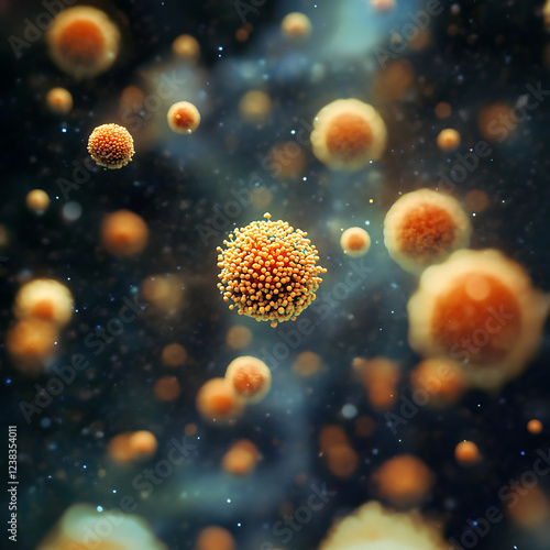 Microscopic view of airborne pollen particles floating in the air