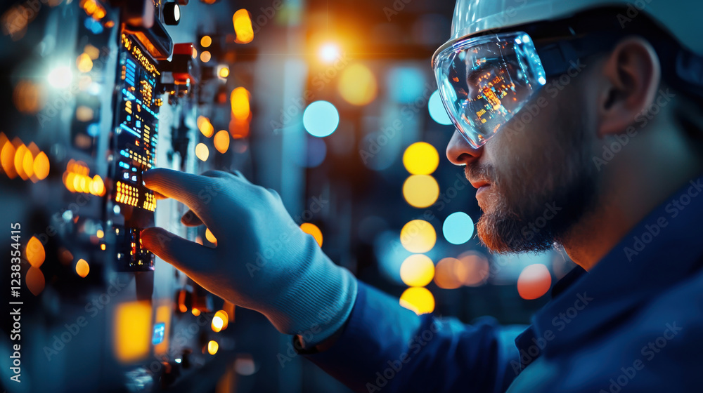 Close up of engineer gloved hand operating control panel, focused and precise