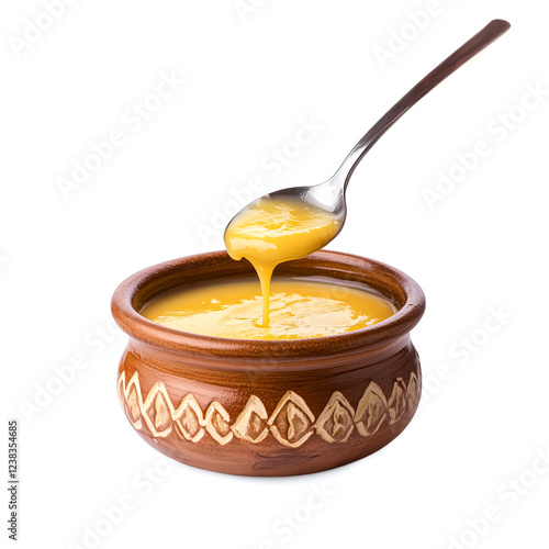 Cow ghee served in a brown ceramic bowl with a steel spoon and woman hand