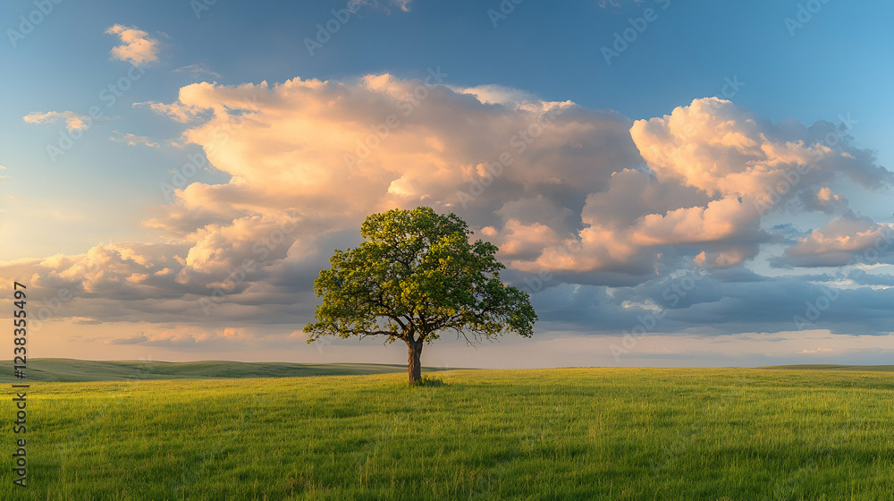 Fototapeta premium A single tree standing in a vast green field, dramatic clouds in the sky and golden hour lighting creating a sense of solitude and beauty