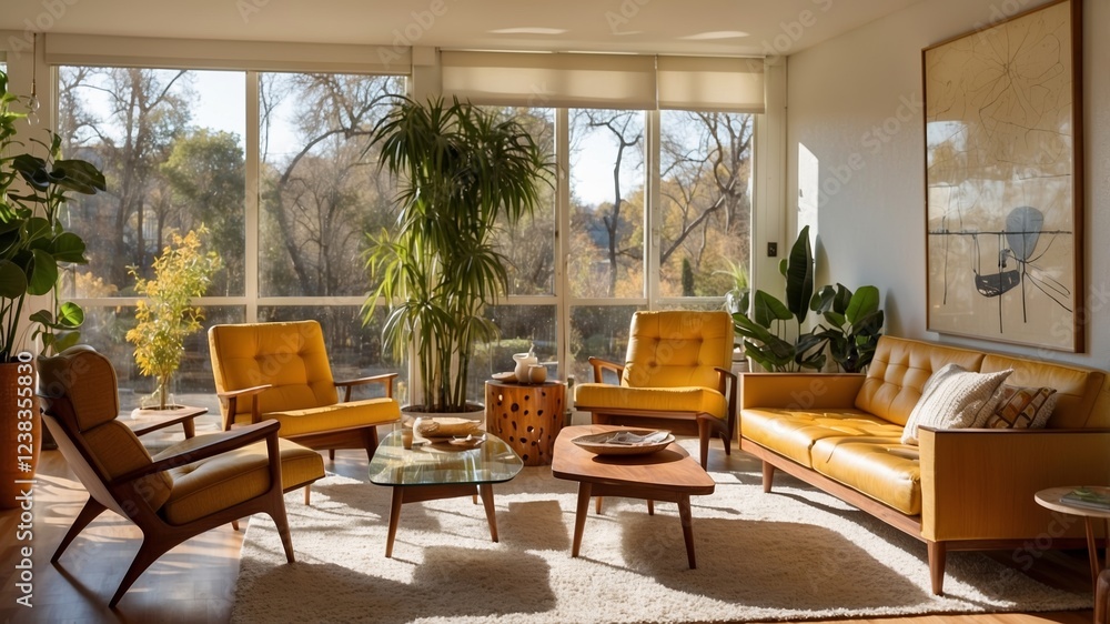 Fototapeta premium Modern living room with large windows overlooking a serene natural landscape during golden hour