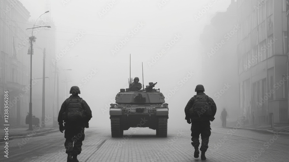 Soldiers patrol foggy city street, tank in background; military operation