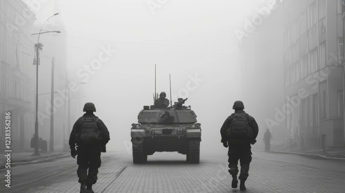 Obraz na płótnie Soldiers patrol foggy city street, tank in background; military operation w salonie