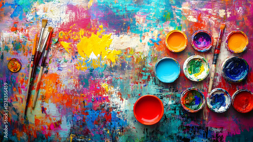 Flat-lay of artista??s workspace with vibrant paints, brushes, and canvas, colorful splashes adding energy and creativity