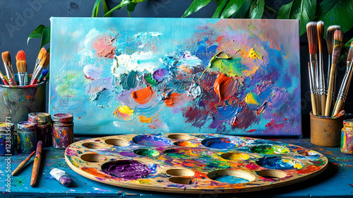 Flat-lay of an artista??s palette with vibrant paint dabs, brushes, and a canvas in the background, creative energy emphasized