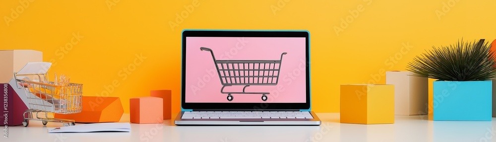 A modern workstation including a laptop on a desk and a shopping cart icon on the screen. A modern workstation including a laptop on a desk and a shopping cart icon on the screen.
