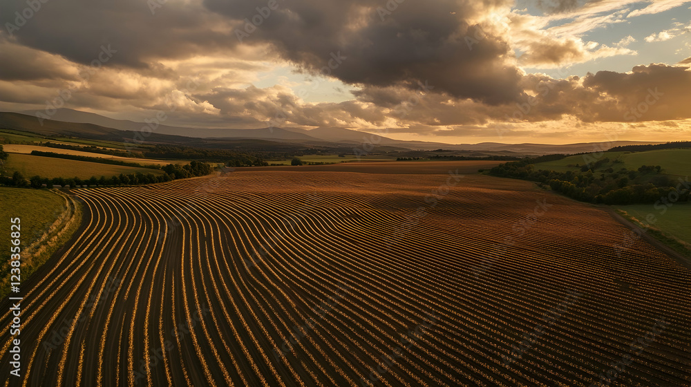 Fototapeta premium Scenic farmland with neatly arranged rows of crops, dramatic clouds and golden light adding depth to the landscape