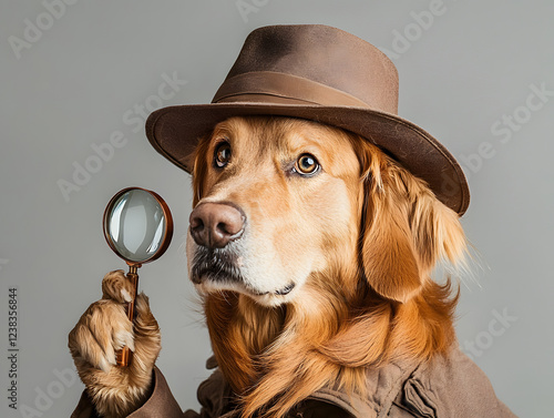 dog dressed as detective, wearing hat and holding magnifying glass, exudes curious and inquisitive demeanor