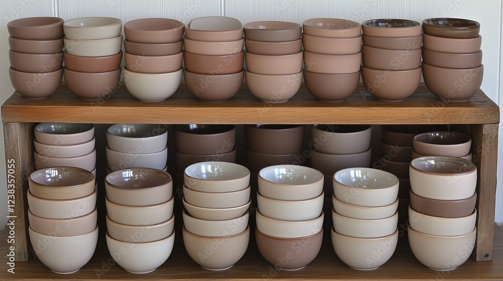 Stacked ceramic bowls in mocha mousse tones on wooden shelf Stacked ceramic bowls in mocha mousse tones on wooden shelf