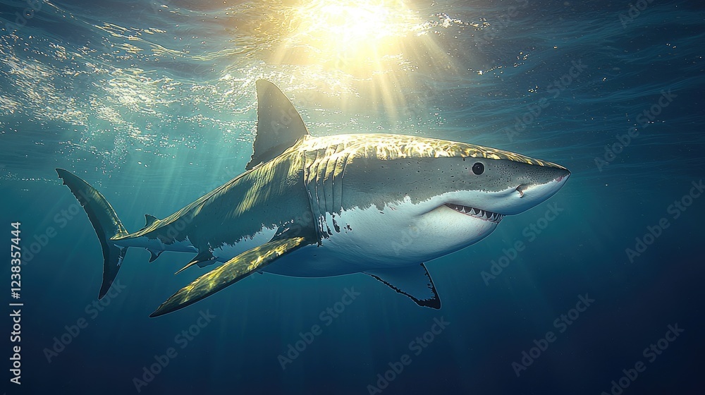 Fototapeta premium Great White Shark Swimming Beneath Sunlit Ocean Waters